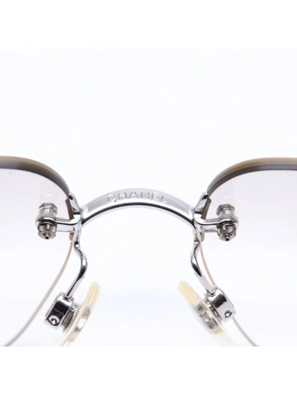 Chanel Rimless Sunglasses CC Logo Rhinestone Gray Gradation Lens Silver Eyewear